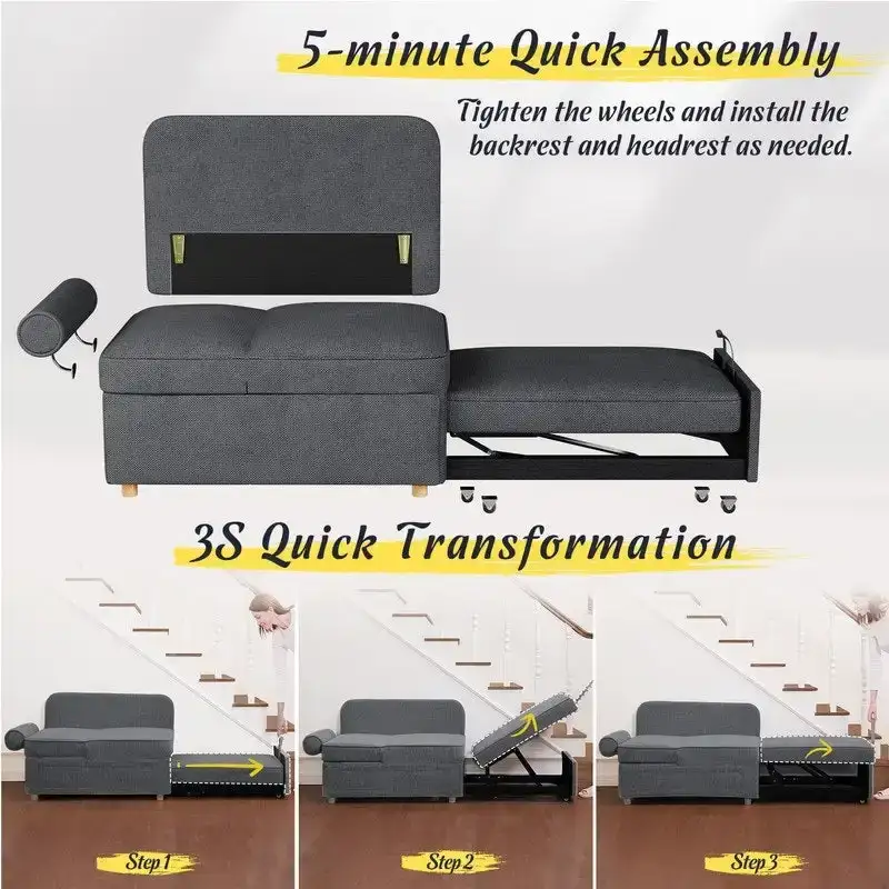4 in 1 Multi-Function Folding Sofa Folding Bed Single Futon Couch Guest Bed with 2 Throw Pillows