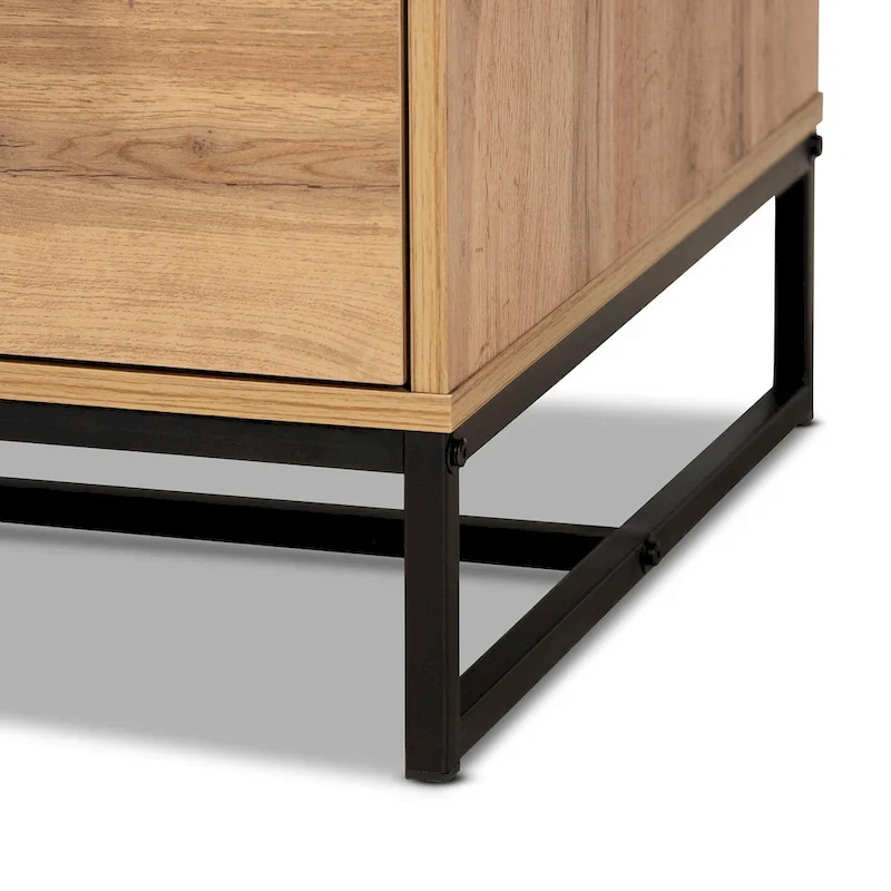 Oak Brown 2-Drawer Coffee Table with Metal Legs
