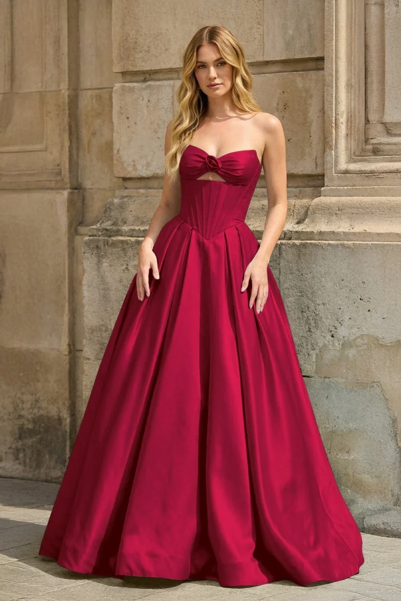 Pink Strapless A Line Pleated Satin Long Prom Dresses With Flower
