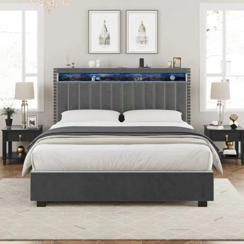 Queen Size Gas Lift Storage Bed with RF LED Lights, Storage Headboard, Queen Size Velvet
