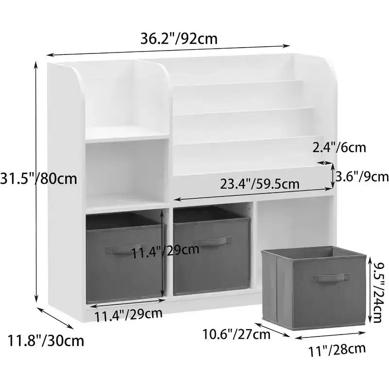 Acekool 3-Tier Bookshelf with Collapsible Fabric Drawers, Bookcase & Toy Organizer for Bedroom, Playroom, Hallway, White