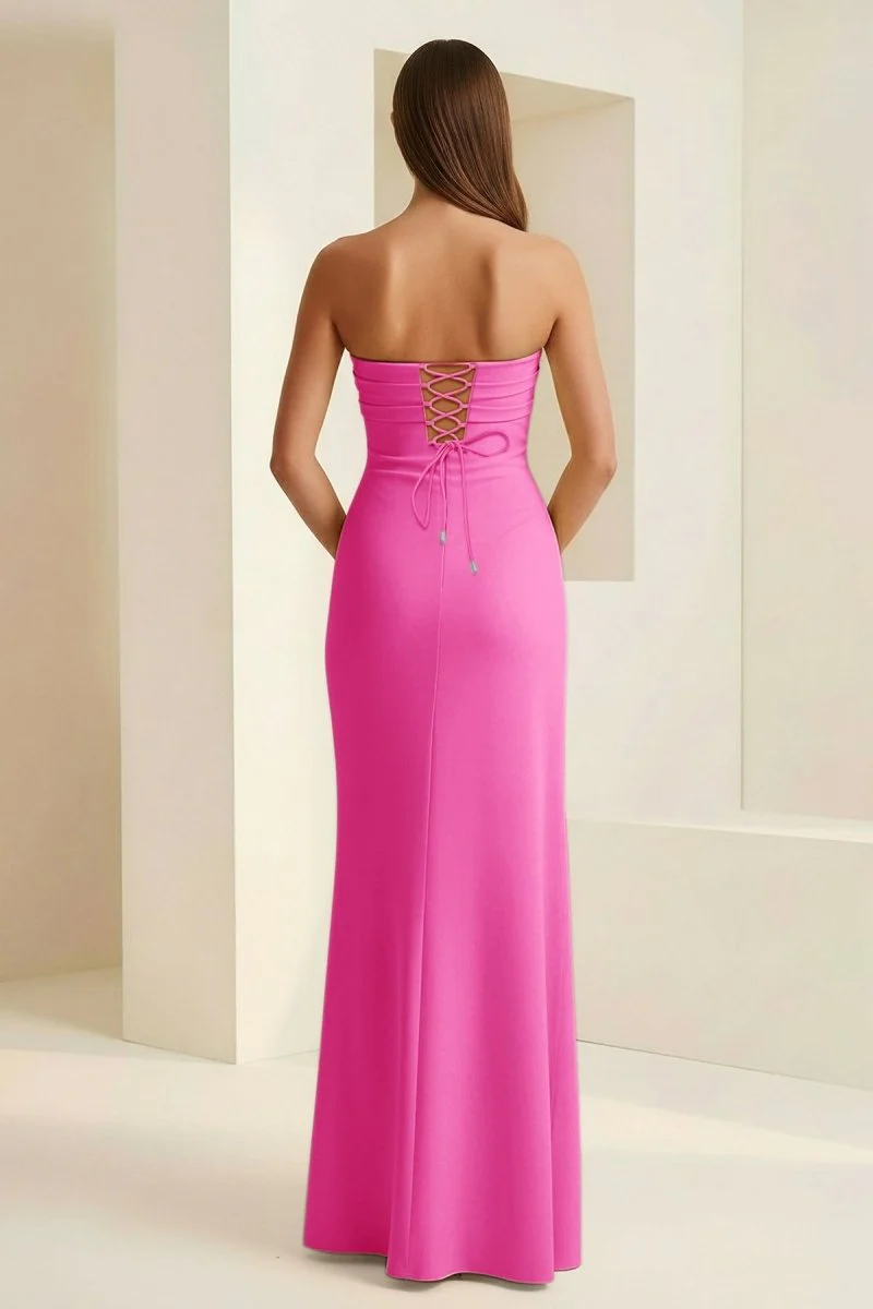 Fuchsia - Mermaid Strapless Satin Pleated Long Prom Dress with Slit