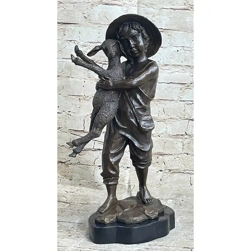 Little Boy In Hat Holding Lamb Sheep Bronze Statue Sculpture Figure Clical Decor 15 Inches X 7 Inches