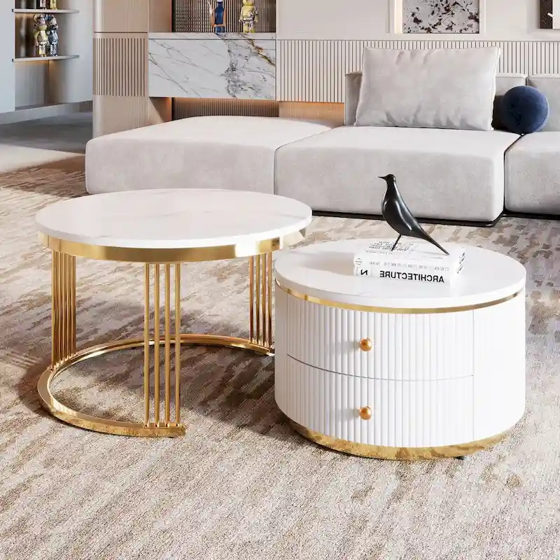 2 Pieces White Round Nesting Coffee Table with Drawers
