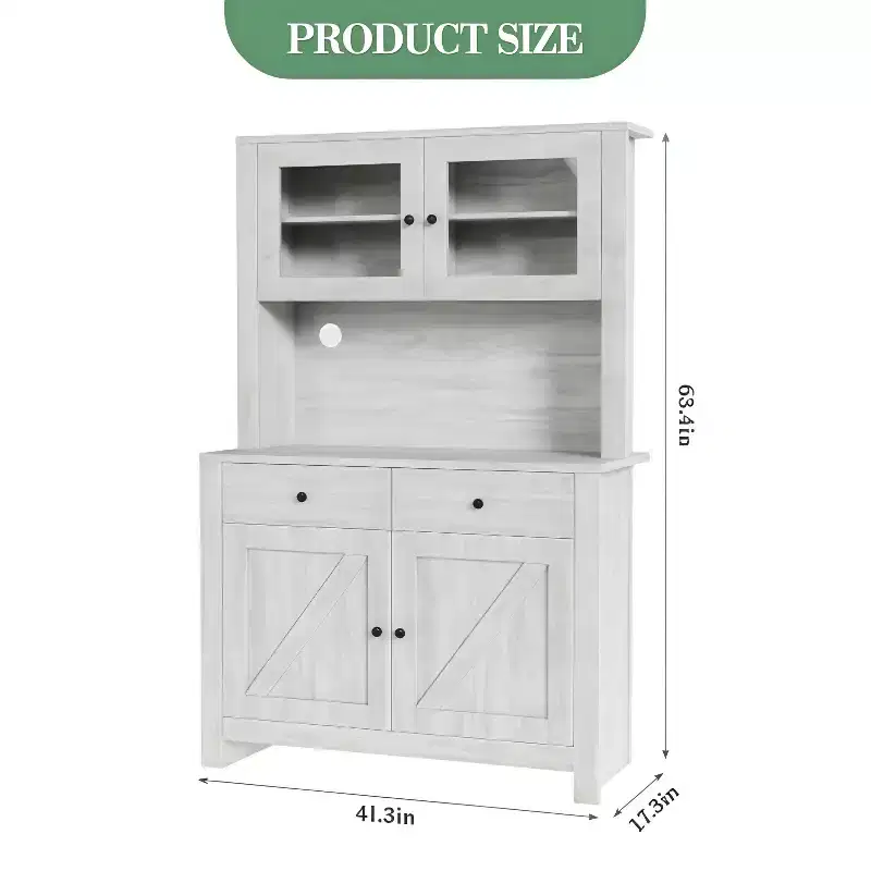 GustoWave Kitchen Pantry Storage Cabinet with Microwave Stand & Coffee Bar Cabinet, Freestanding Hutch Cabinet, Adjustable Shelves, Wash Grey