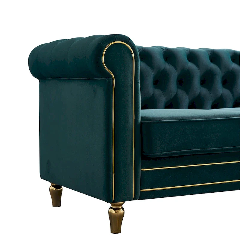Green / Pink Velvet Chesterfield Sofa with Gold Trim & Button Tufting – 2-Seat