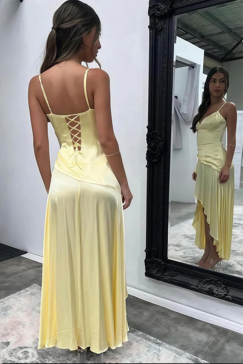 Yellow - Spaghetti Straps Sheath Satin High Low Prom Dresses With Ruffles