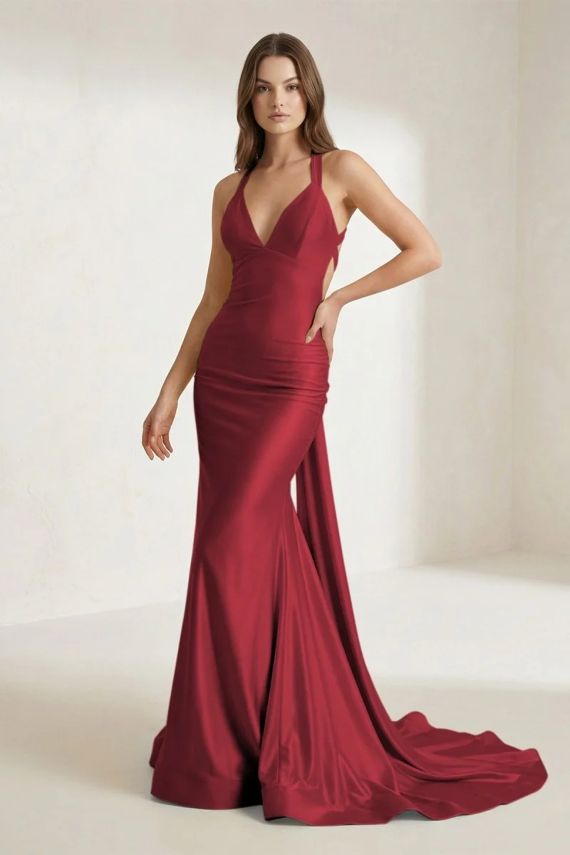 Pink V Neck Satin Mermaid Open Back Long Formal Prom Dresses