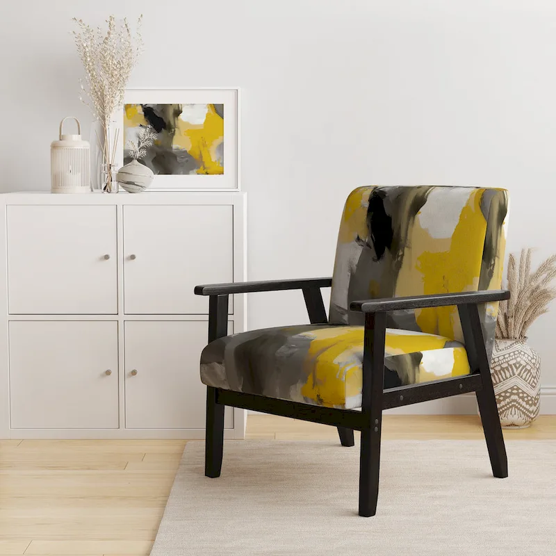 White & Gold Abstract Pattern Accent Chair – Modern Style, Single Seat