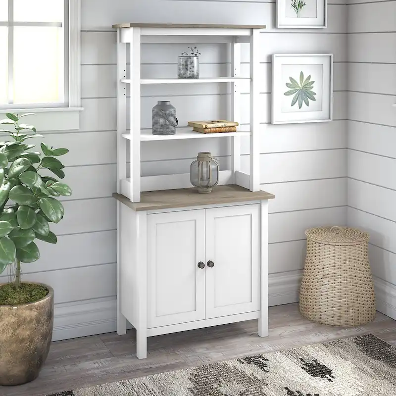 Shiplap Gray/Vintage Black 5-Shelf Bookcase with Doors, Modern Farmhouse Style, 1-Person Assembly