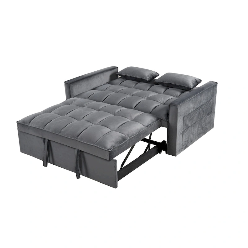 Modern Velvet Loveseat Futon Sofa Couch Pullout Bed, Small Love Seat Lounge Sofa w/Reclining Backrest, Toss Pillows, Pockets