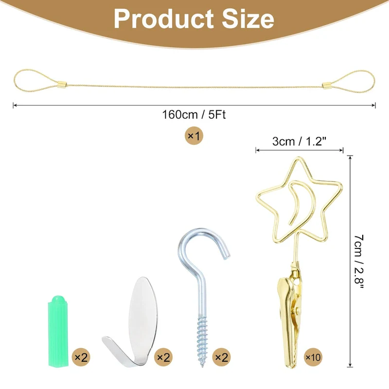 5Ft Wall Hanging Photo Display Cable Wire Rod with 10 Star Shaped Clips