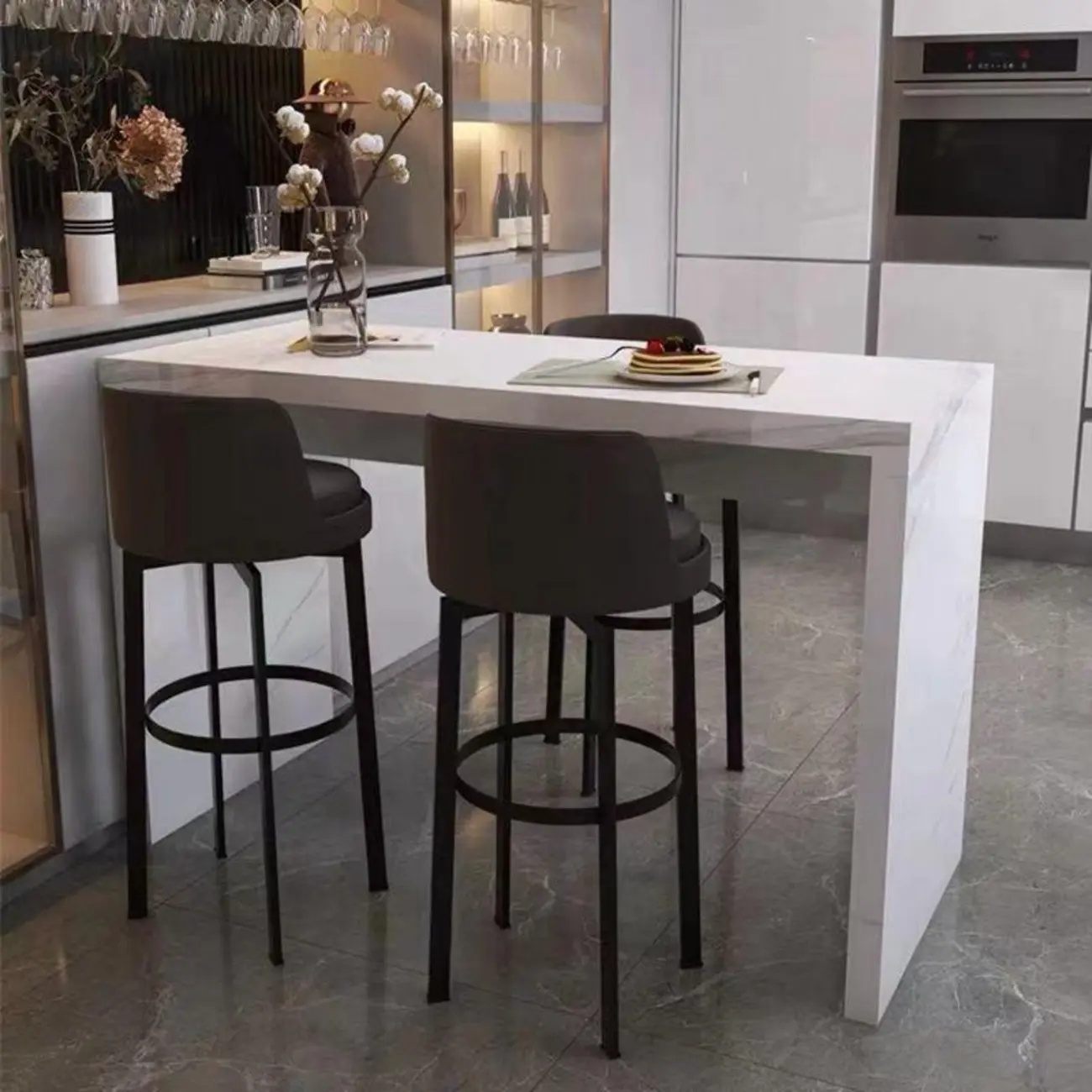 Modern Gloss White Stone Black Wood Sled Bar Tables