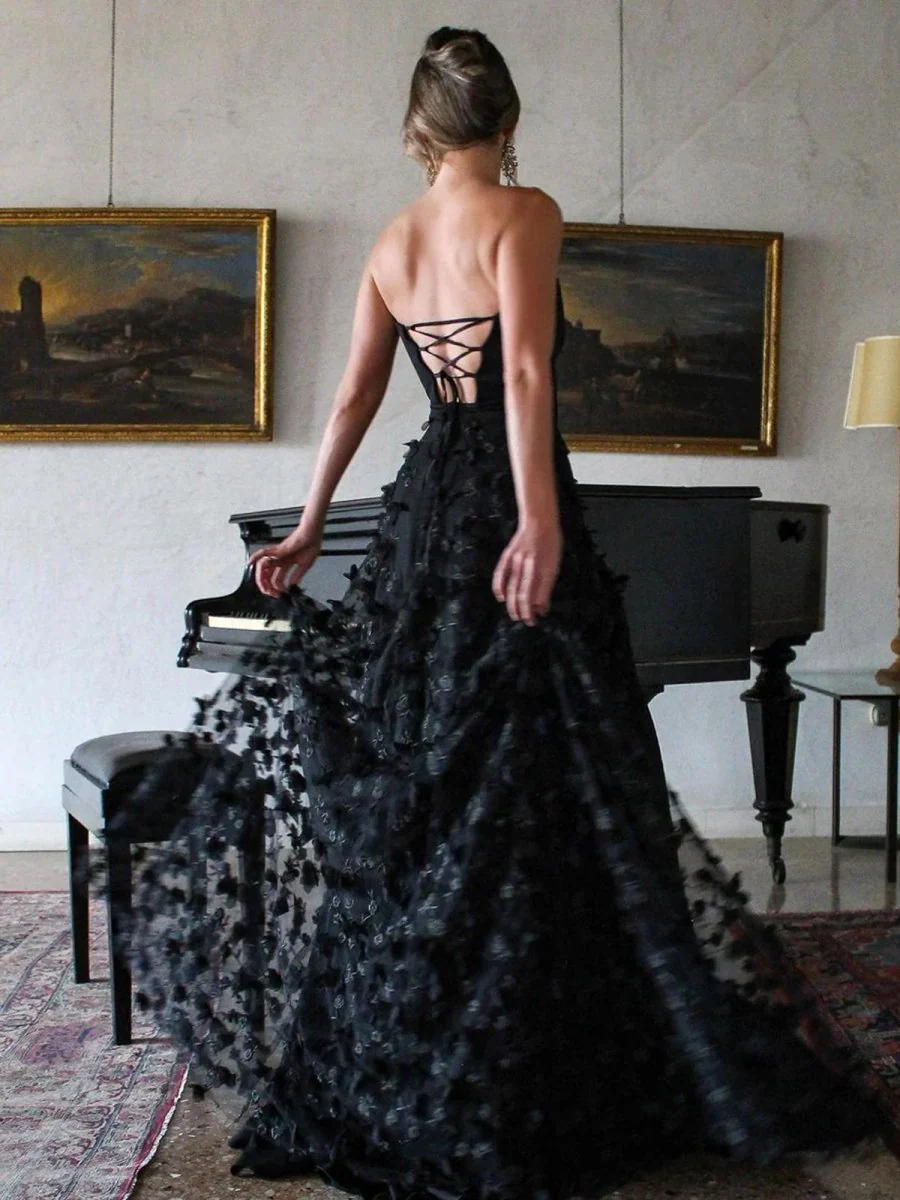 A-Line Strapless 3D Flowers Black Long Prom Dresses with Slit