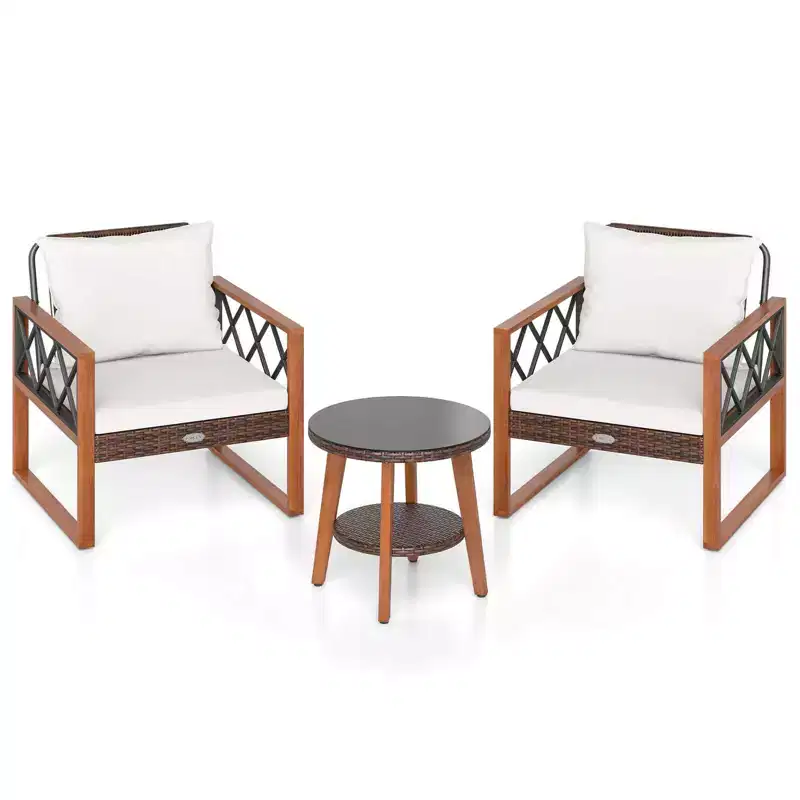 Costway 3 PCS Patio PE Wicker Furniture Set with Solid Acacia Wood Frame & Cushions