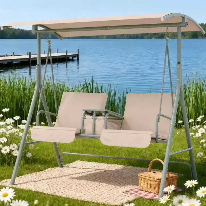 TUYOHW 2-Seat Patio Swing Chair with Storage & Cupholders Patio Swing with Sun Shade Canopy Swing Chair for Patio, Backyard, Garden, Poolside