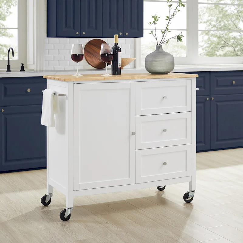 Natural Wood Top Kitchen Island, Stationary, 1-Person Use – White Shaker Style