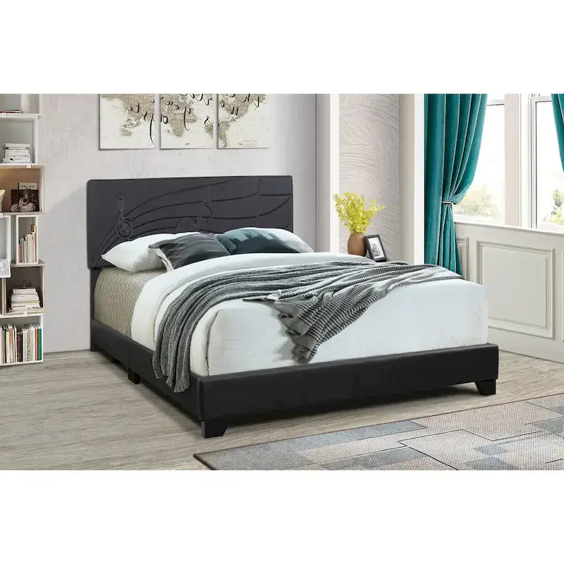 Dark Smoke Black Faux Leather Upholstered Platform Bed – Queen / King – 2-Person