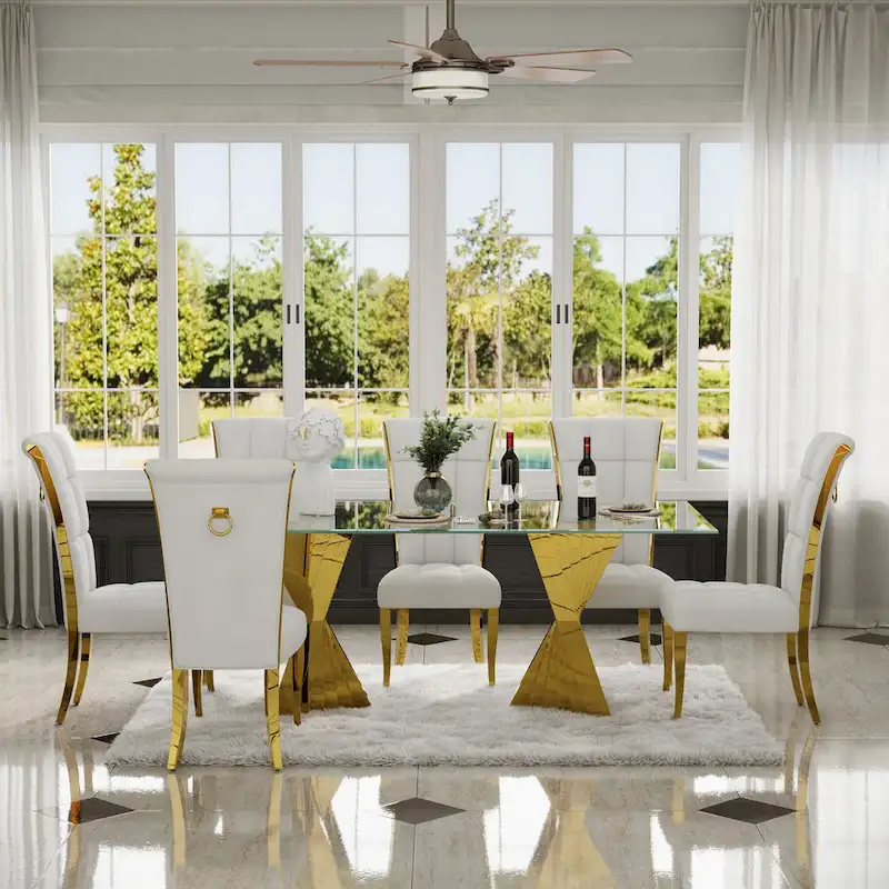Luxury White Velvet Dining Chairs with Pull Ring on Back and Polished Gold Legs