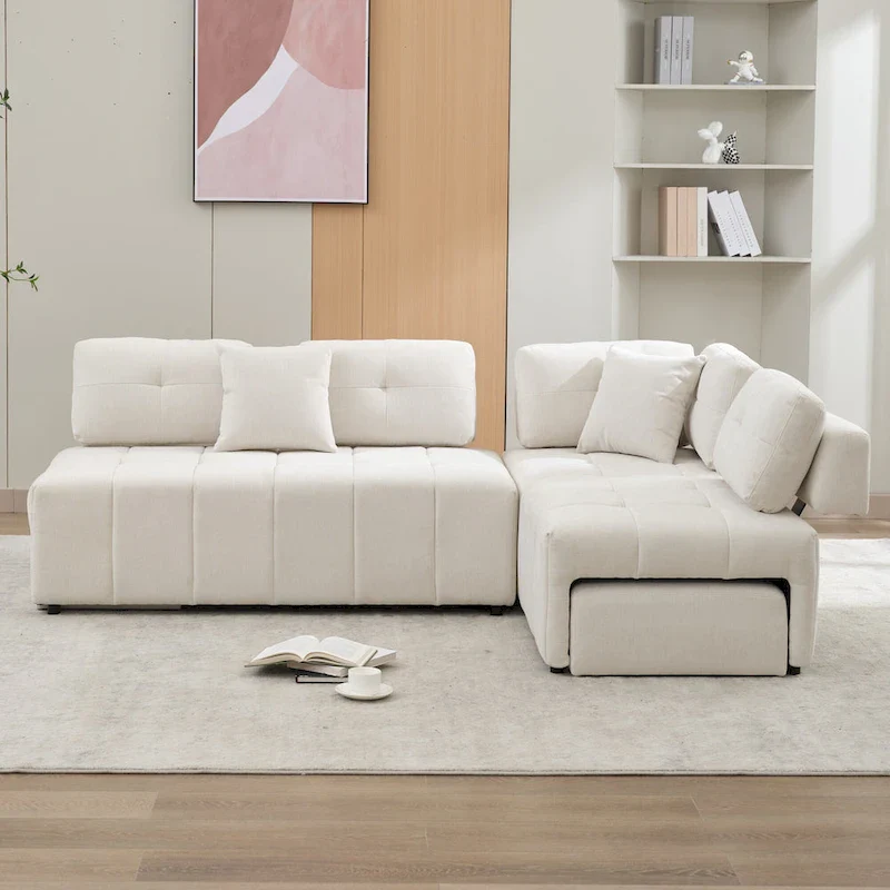 91.73 L-Shaped 4-Seat Sectional Sofa with 2 Hidden Stools, 2 Removable Lumbar Cushions, and Durable Chenille Fabric