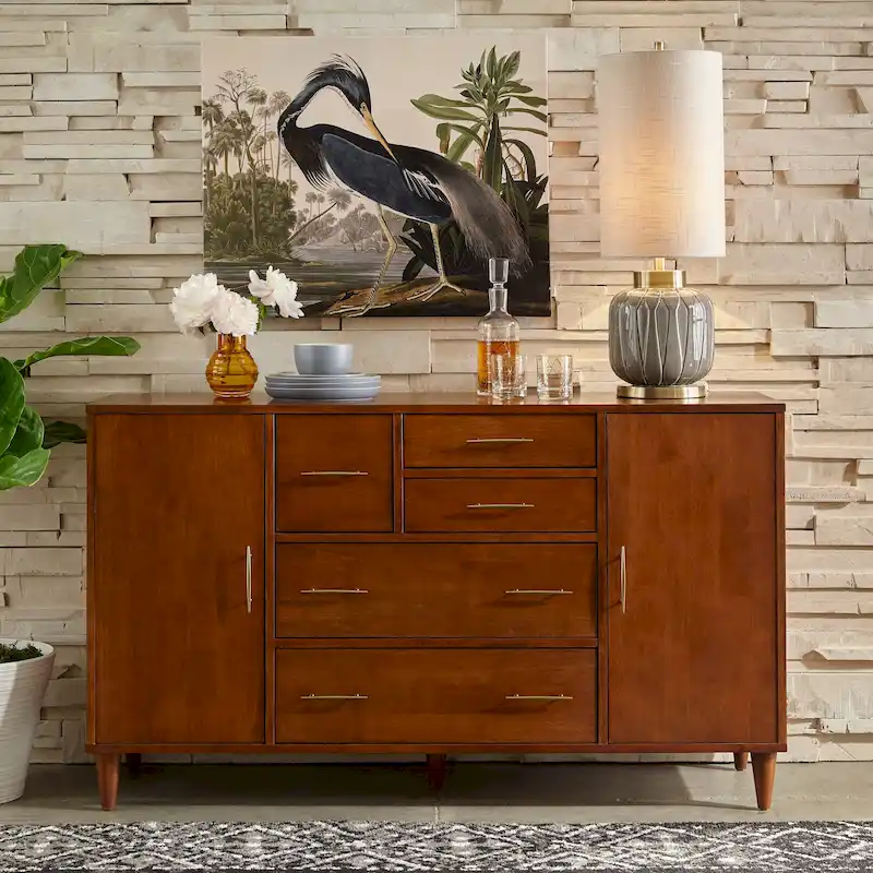 Mid-Century Buffet Sideboard, Oak / White, 5 Drawers & 2 Shelves, 2-Person