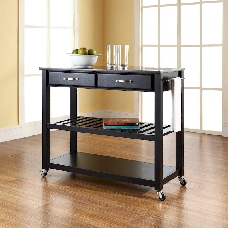 Crosley Solid Black Granite Top Kitchen Cart/Island With Optional Stool Storage in Black Finish - 17d x 43w x 35h