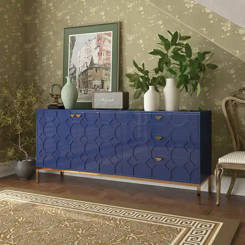 Blue / Black / White / Green Honeycomb 2-Door 3-Drawer Accent Cabinet