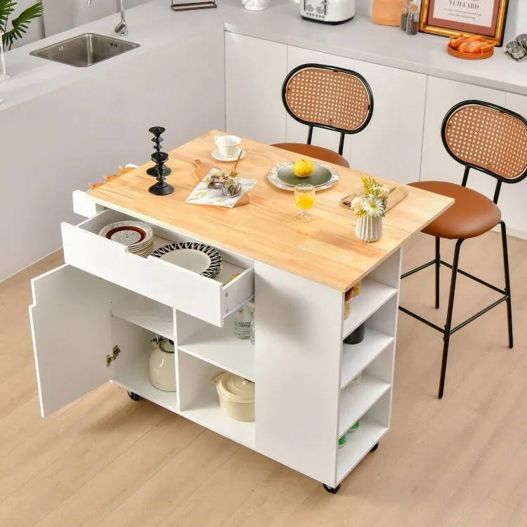 Drop-Leaf Kitchen Island with Rubber Wood Top - 49 x 30 x 36(L x W x H)