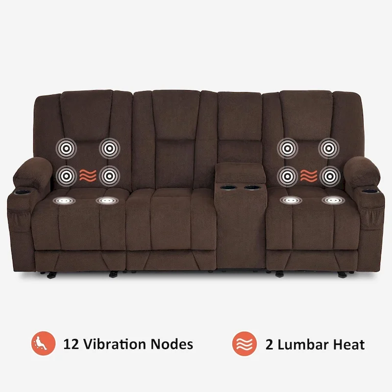 Electric Power Reclining Sofa with Massage and Lumbar Heat, Fabric