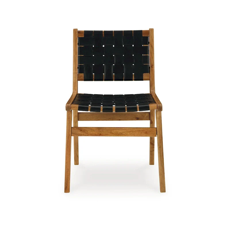 Dinno Dining Side Chair Set of 2, Brown Wood, Black Woven Leather Seat