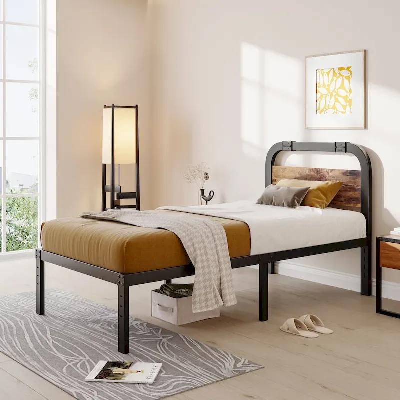 Heavy Duty Anti-Sway 40 Inch Iron Bed With Solid Wood Headboard