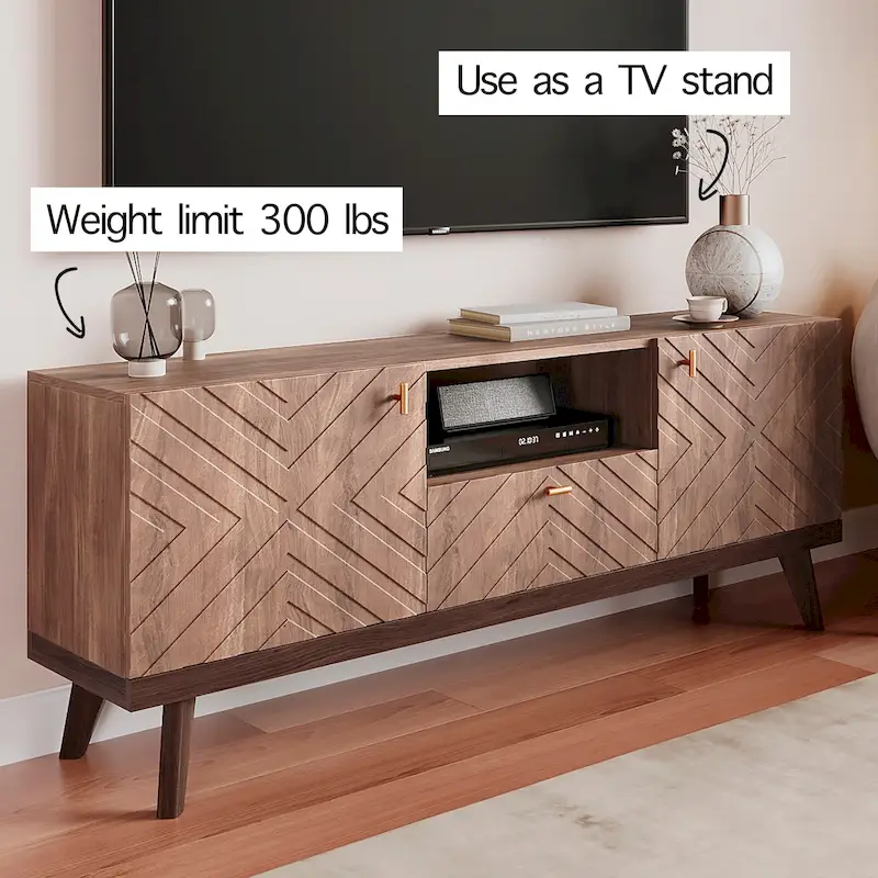 Living Skog Alba Beige TV Stand Console with Drawer Fits TV's up to 65 in. with Wood Legs Mid Century Modern Design