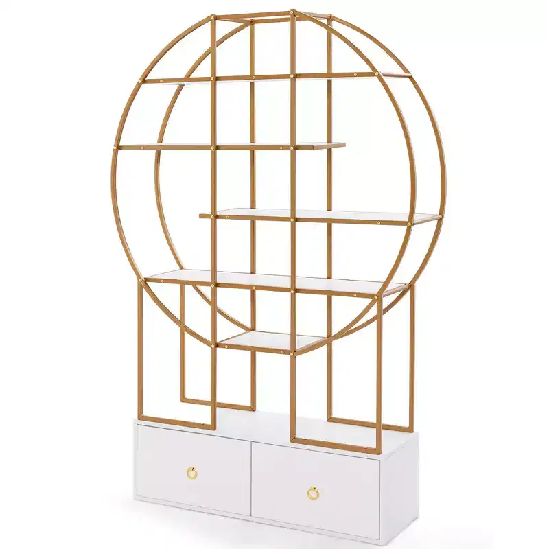 Costway 71 Tall Metal Bookcase 6-Tier Gold Bookshelf w/ 2 Storage Drawers Home Office