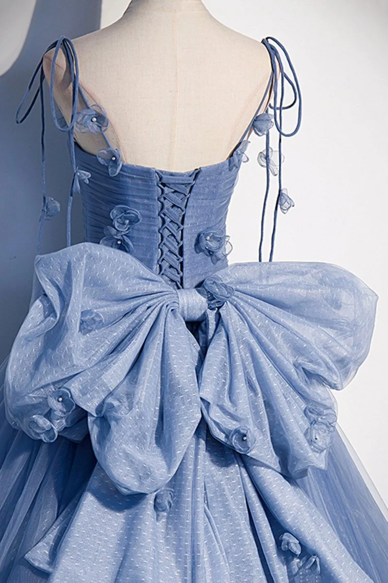 Blue Tulle Long A-Line Prom Dress Blue Spaghetti Straps Party Dress with Bow