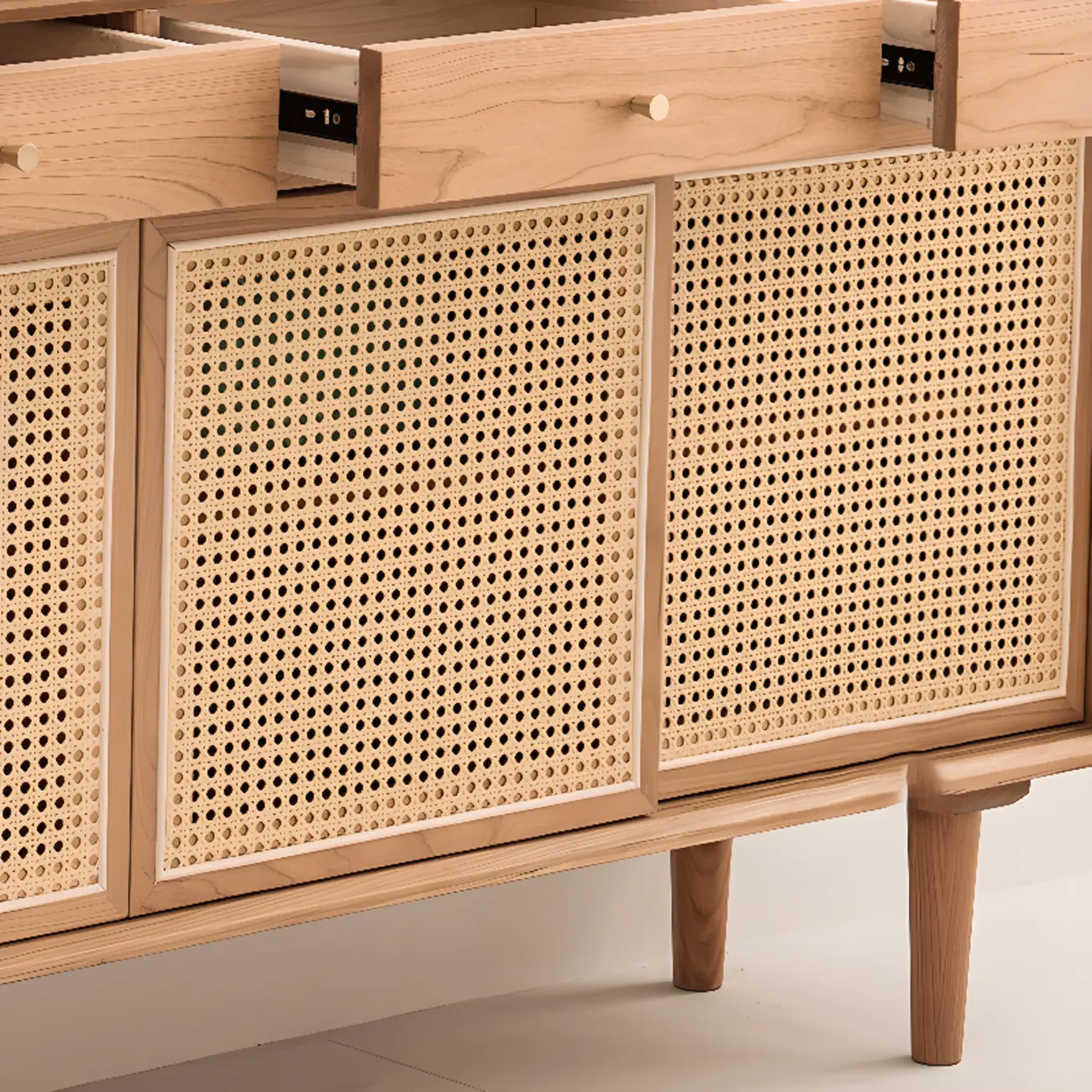 Scandinavian Natutal Wood Rattan Sideboard with Drawers