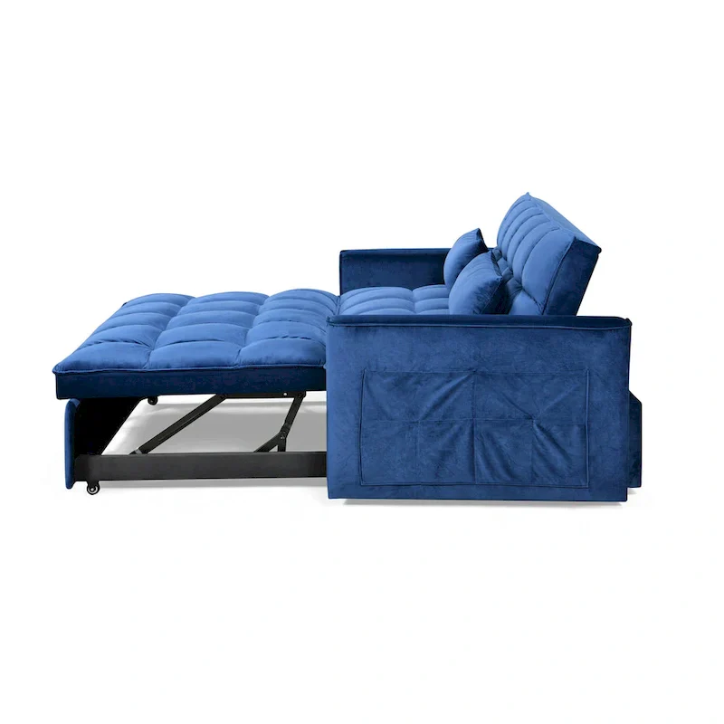 Modern Velvet Loveseat Futon Sofa Couch Pullout Bed, Small Love Seat Lounge Sofa w/Reclining Backrest, Toss Pillows, Pockets