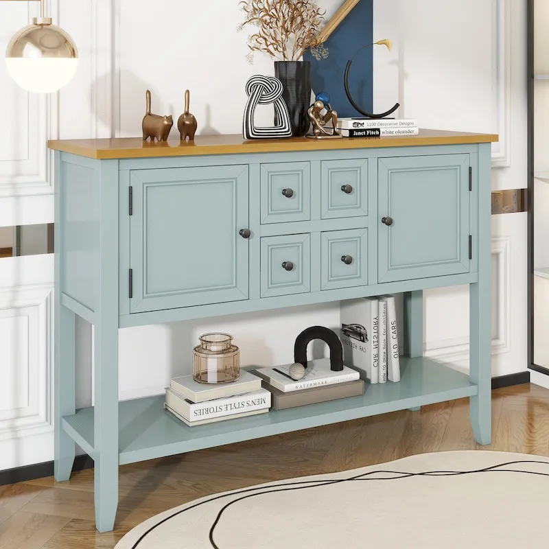 Storage Vintage Console Table with Four Small Drawers and Bottom Shelf for Living Rooms, Entrances and Kitchens