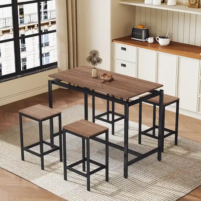 5-Piece Industrial Bar Table Set with Rectangular Table & 4 Chairs