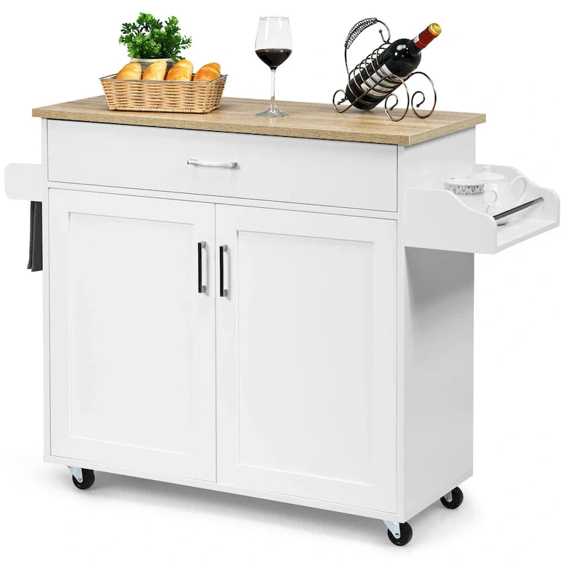 Rolling Kitchen Island Cart with Drawer, Cabinet & Spice Rack (Brown / Grey)