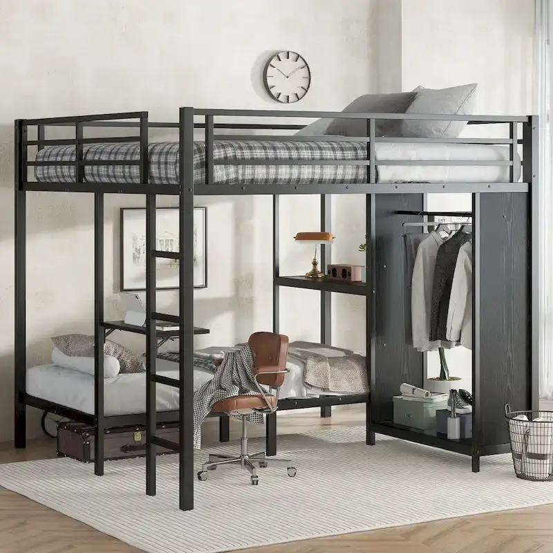 King over Twin XL Bunk Bed Frame with Wardrobe and Foldable Desk, Black