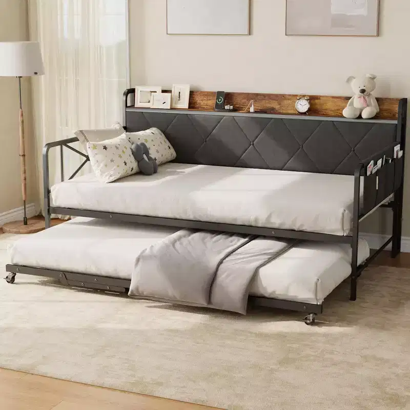 Twin Size Daybed with Trundle and Charging Station, Upholstered Headboard Sofa Bed with Robust Metal Frame for Bedroom, Guest Room and Living Room