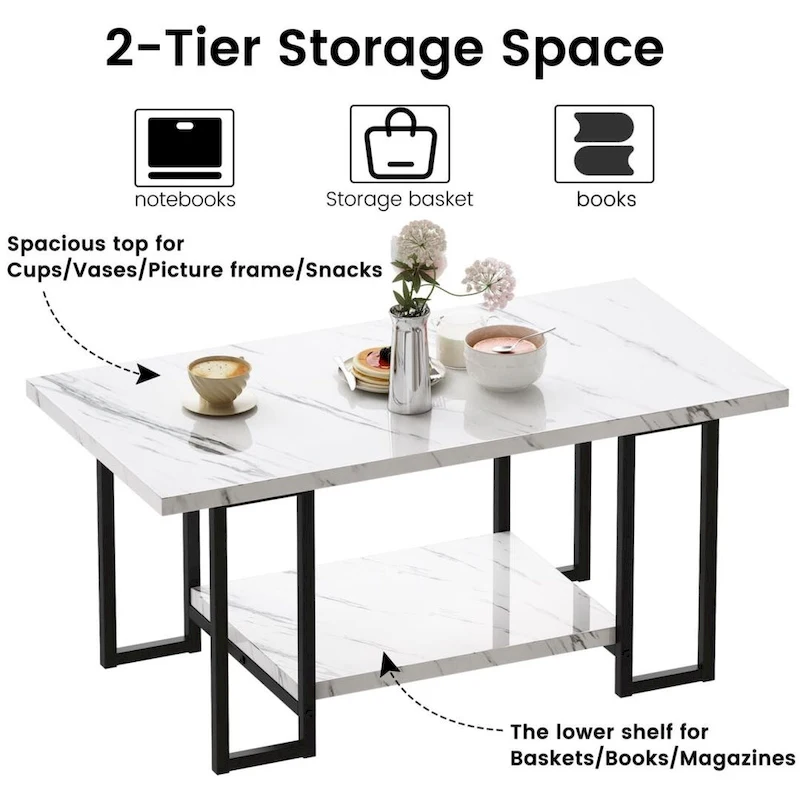 Mieres 39  Wide 2-Tier Faux Marble Top Coffee Table with Steel Frame