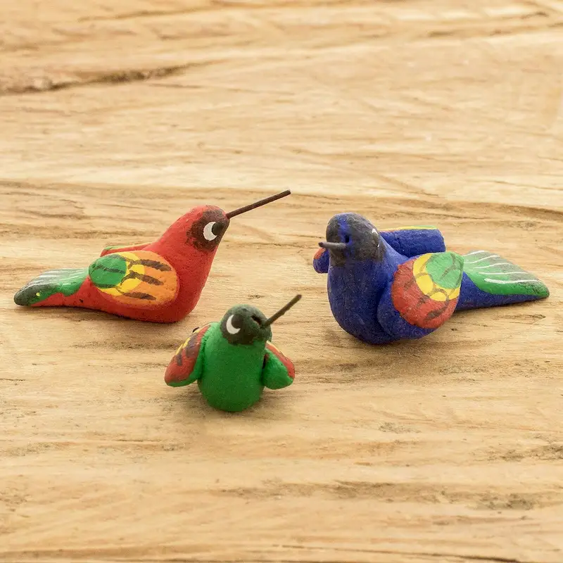 Novica Handmade Colorful Hummingbird Family Ceramic Figurines (Set Of 3)