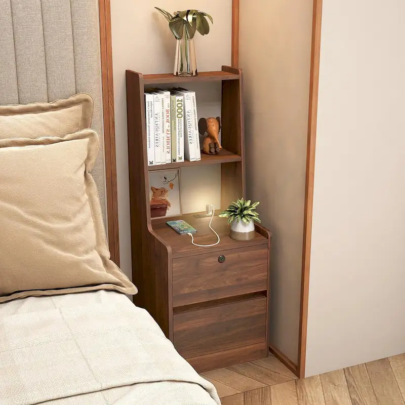 White/Wood/Black Modern Nightstand with Charging Station & Voice Night Light, 1-User