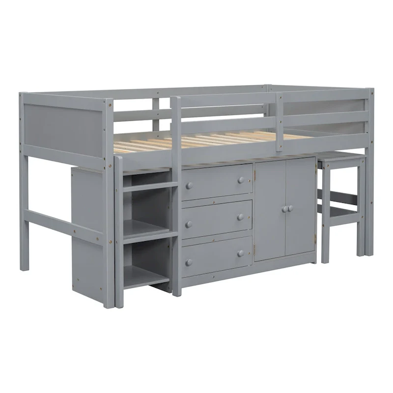 Grey Twin Wood Low Loft Bed with Pull-Out Desk & Drawers