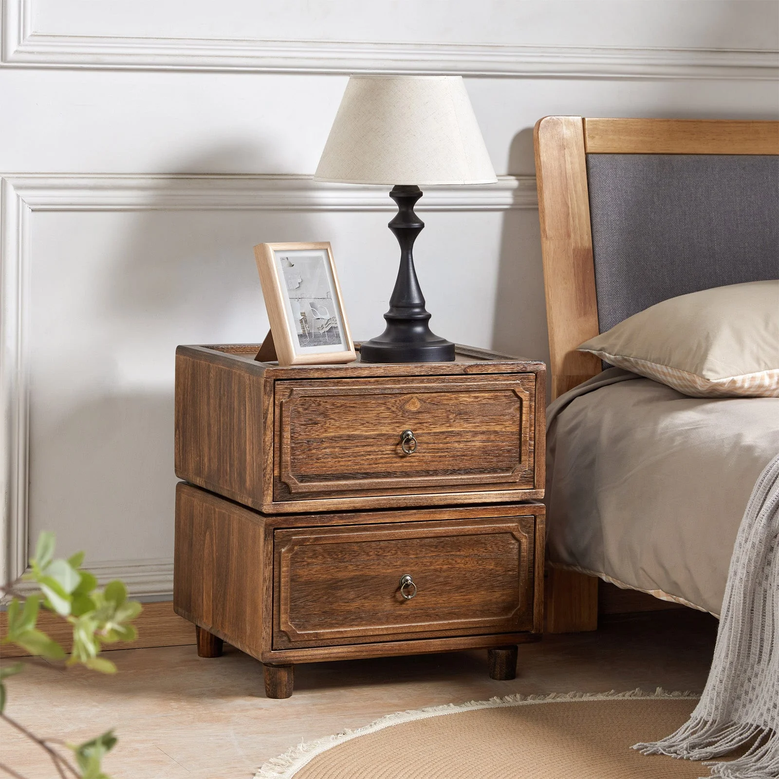 Modular Drawer Nightstand with Paulownia Wood Tracks & Antique Bronze Handles | Blue / Walnut / Black | 2 / 4 / 6 / 8 Drawers
