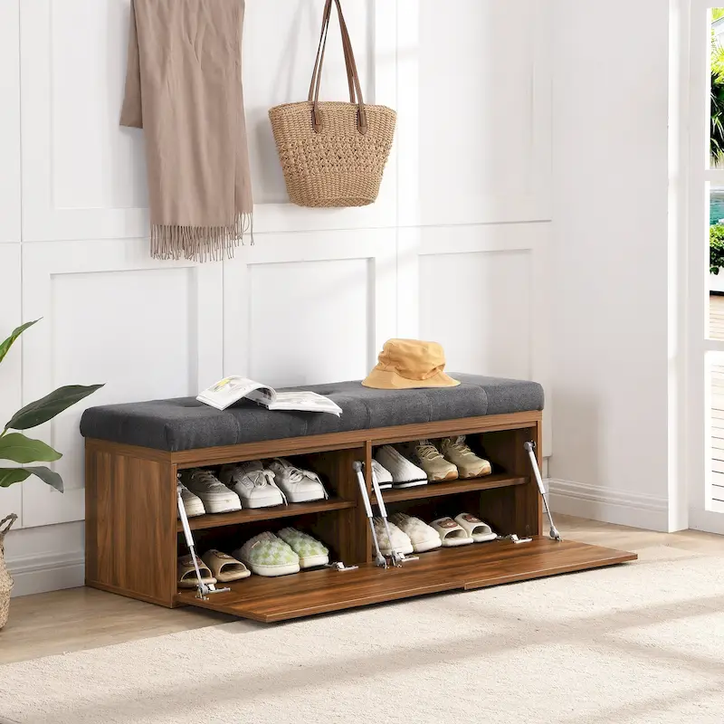 Upholstered Shoe Storage Bench with Cushioned Seat - 49 Inch