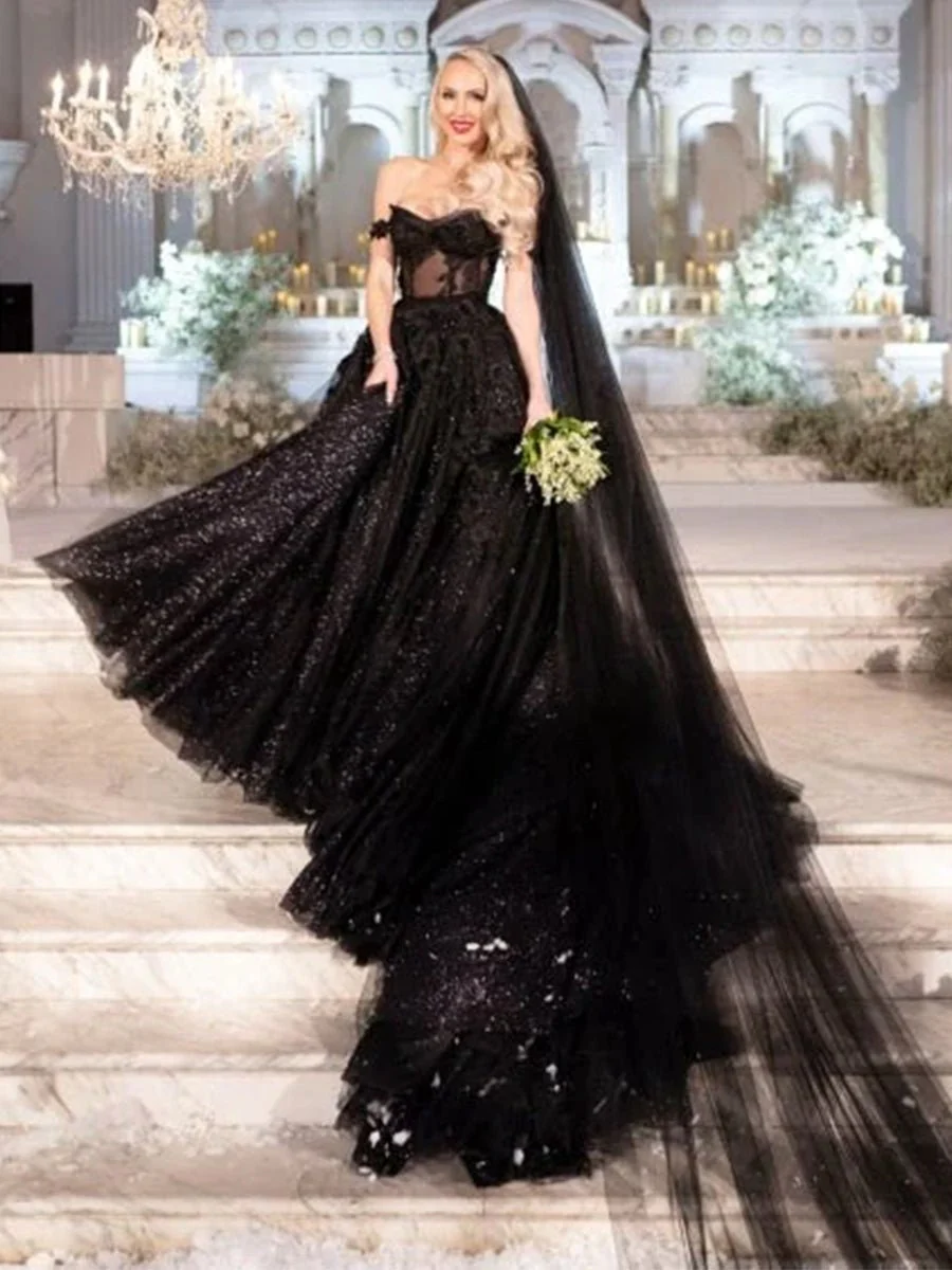 A-Line Black Gothic Wedding Dresses with Sequin Lace Appliques