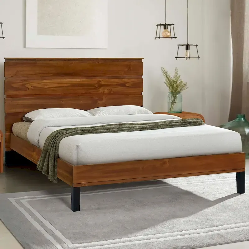 Queen Size Solid Wood Platform Bed with Six-Piece Headboard