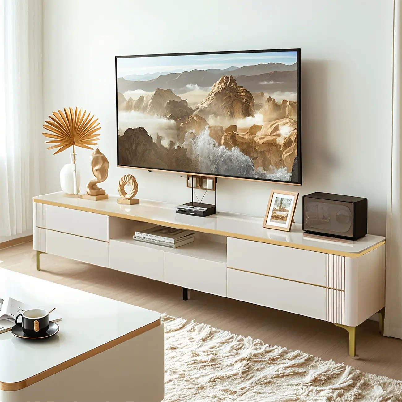 71 White Stone Fluted Open Storage TV Stand with Gold Legs